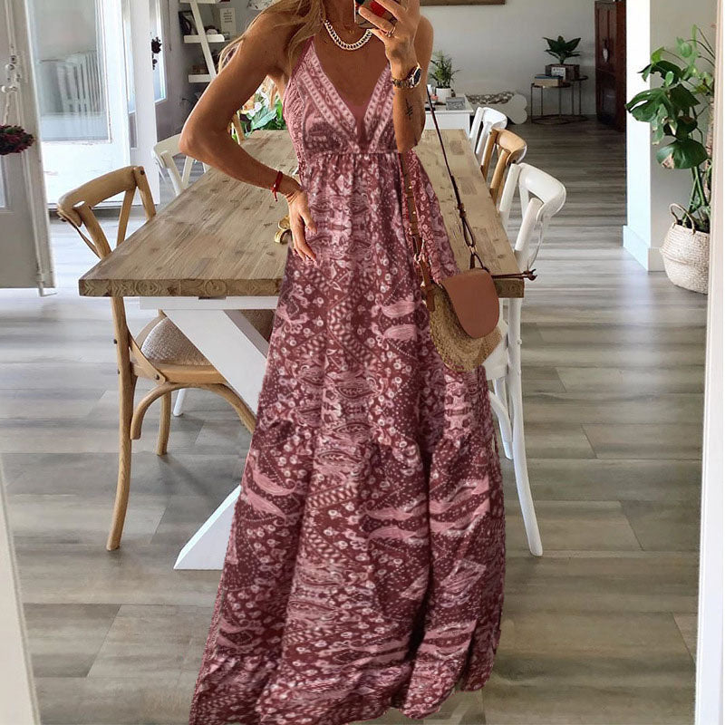Women's Boho Spaghetti Strap V-Neck Maxi Dress