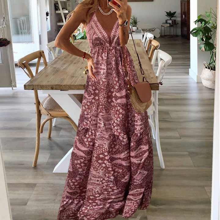 Women's Boho Spaghetti Strap V-Neck Maxi Dress