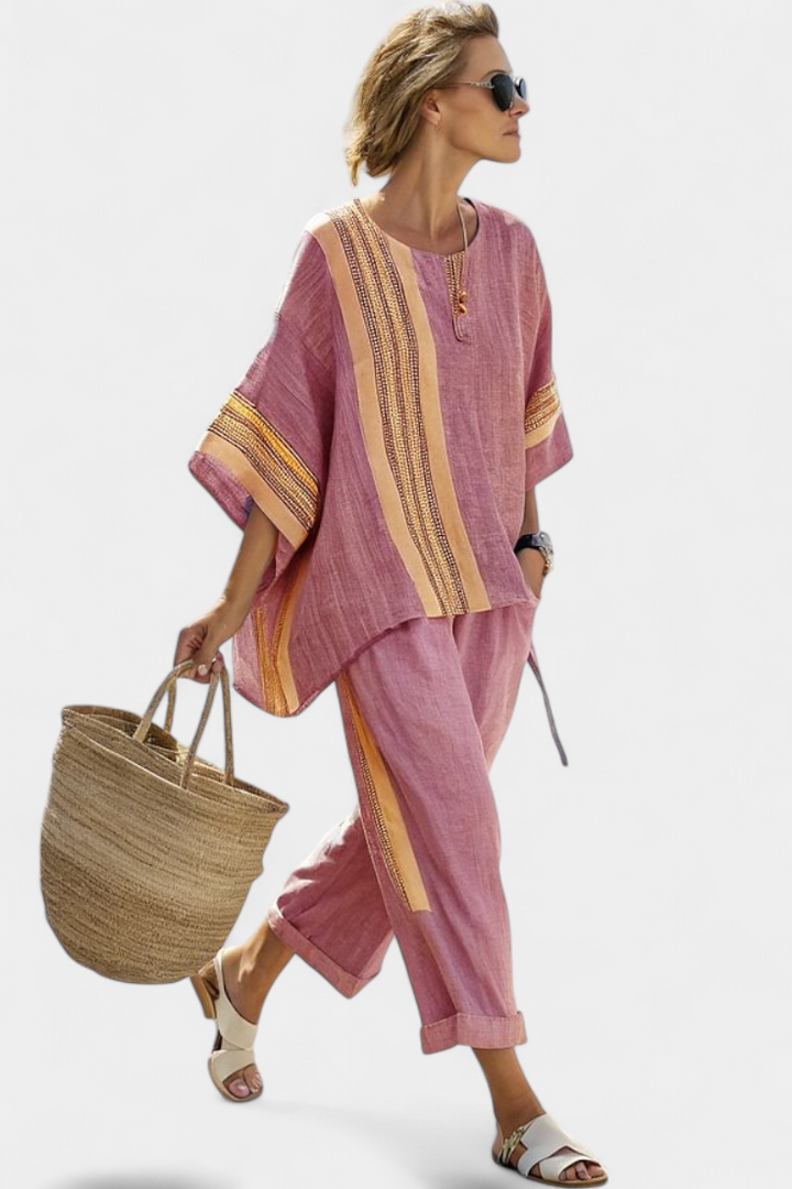 Women's Contrast Trim Top Wide Leg Pants Set