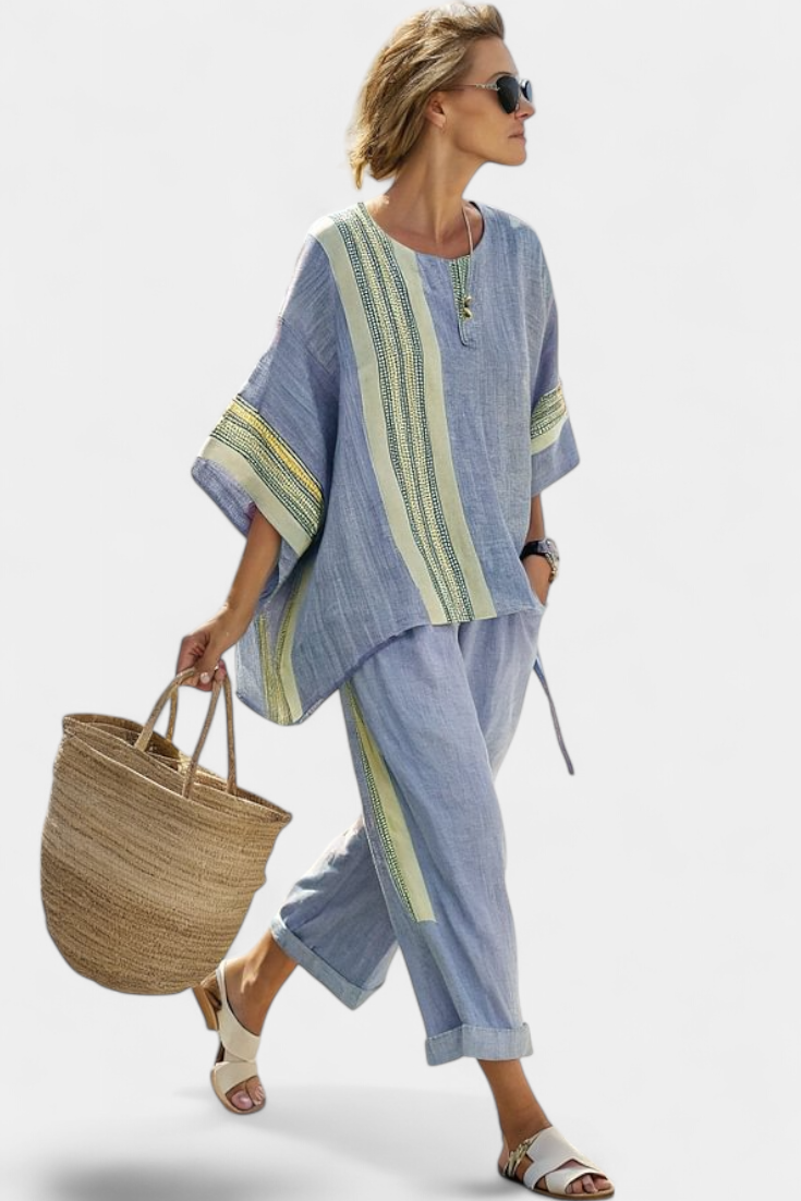Women's Contrast Trim Top Wide Leg Pants Set