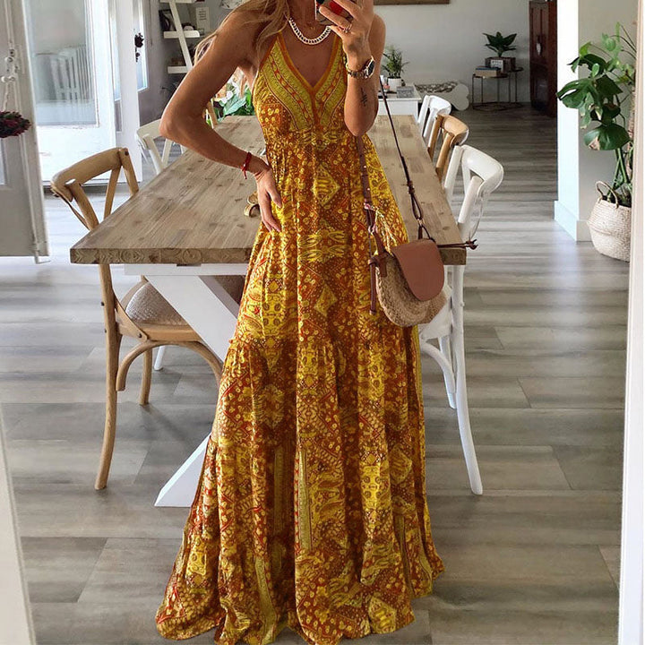 Women's Boho Spaghetti Strap V-Neck Maxi Dress