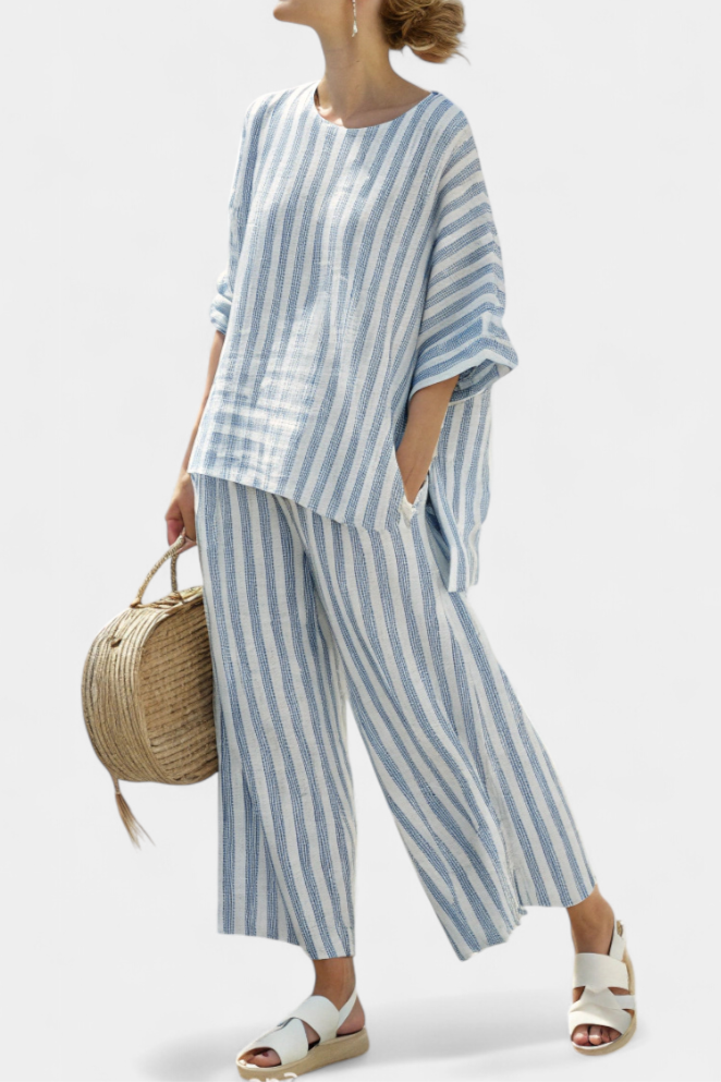 Women's Striped Linen Top Wide Leg Pants Set