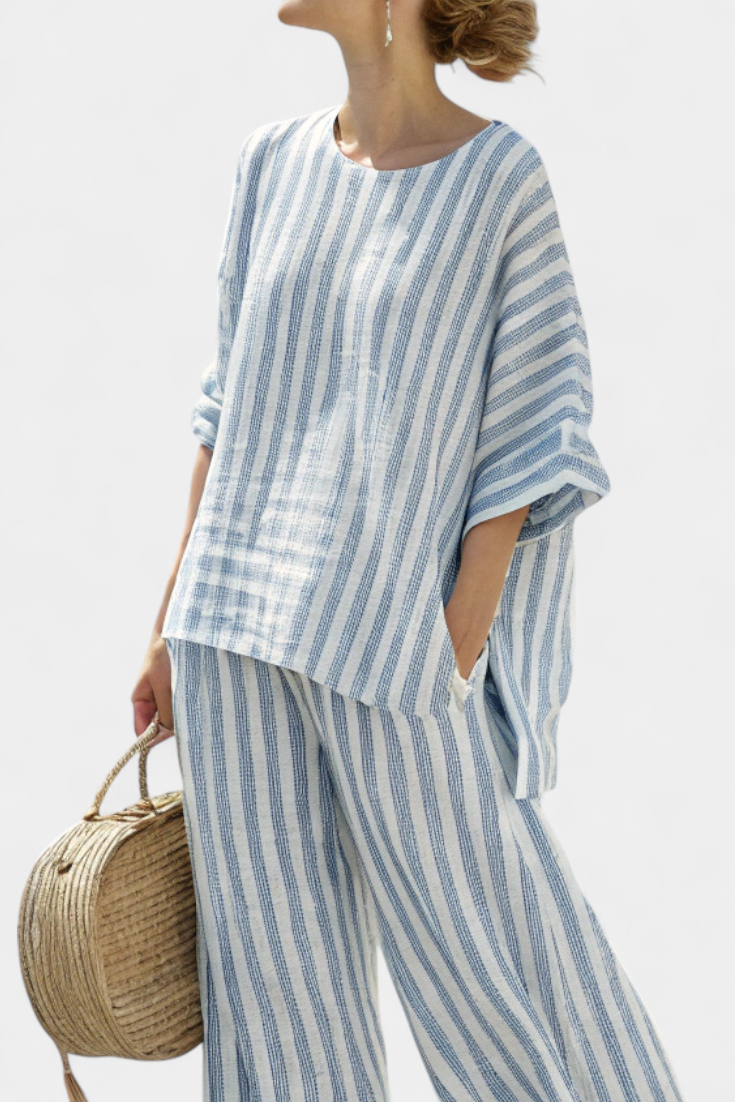 Women's Striped Linen Top Wide Leg Pants Set