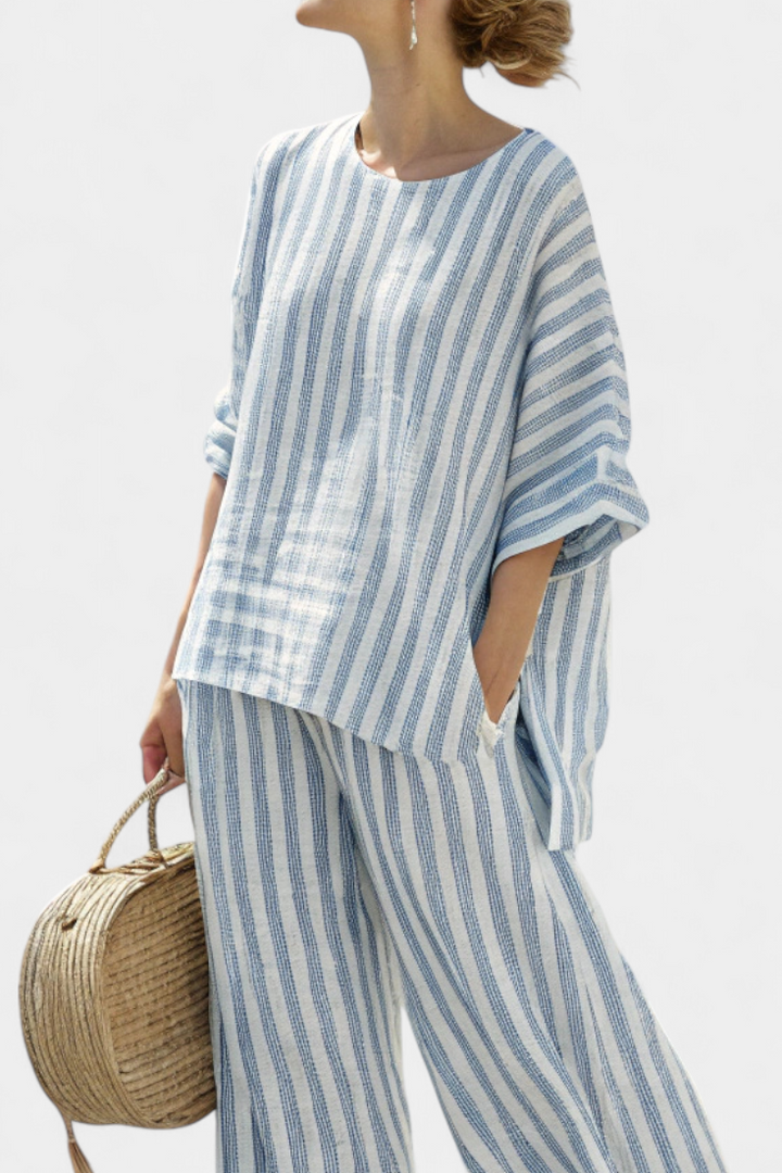 Women's Striped Linen Top Wide Leg Pants Set
