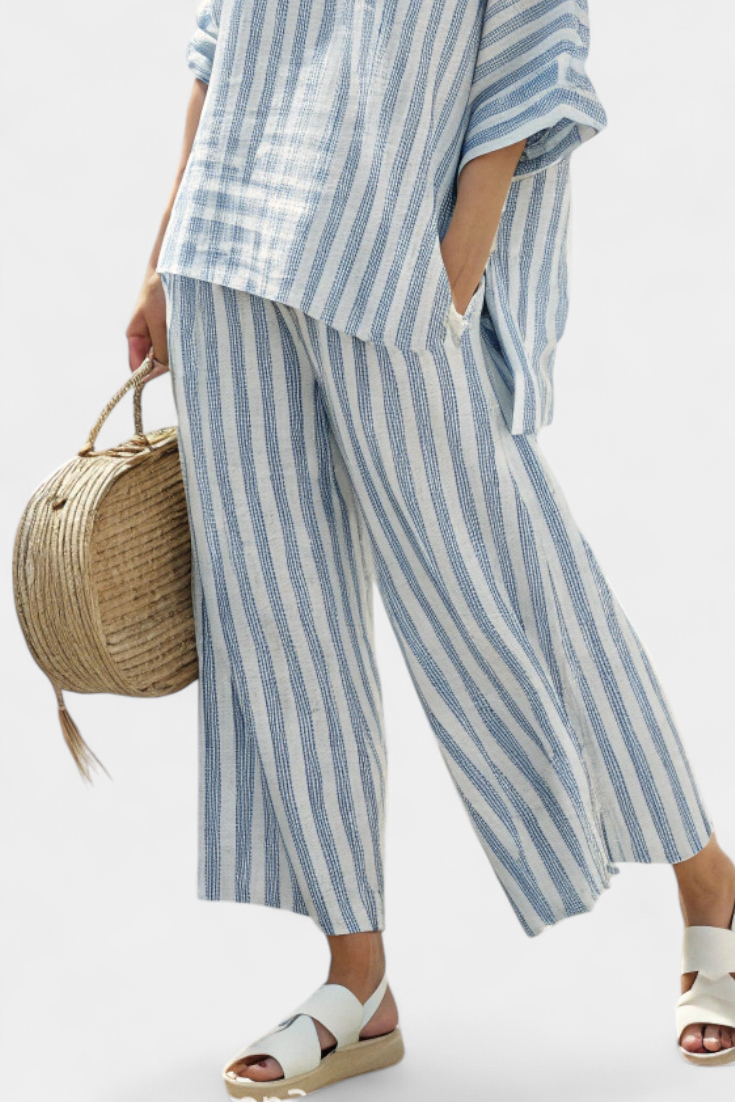 Women's Striped Linen Top Wide Leg Pants Set
