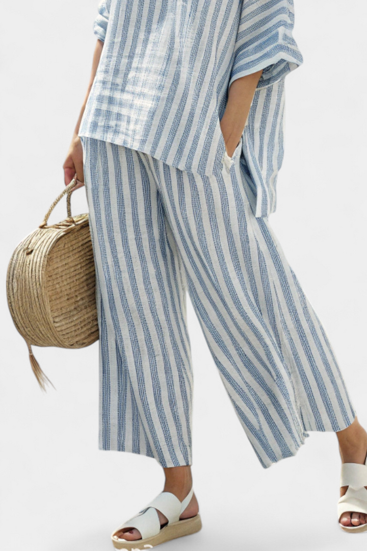 Women's Striped Linen Top Wide Leg Pants Set
