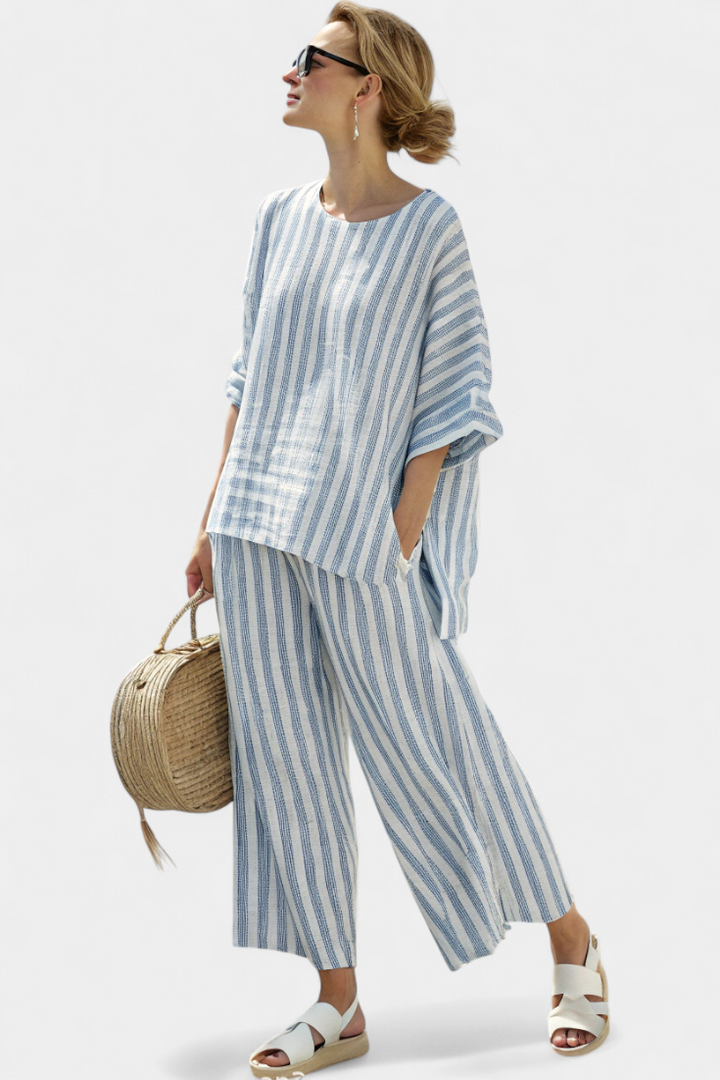Women's Striped Linen Top Wide Leg Pants Set