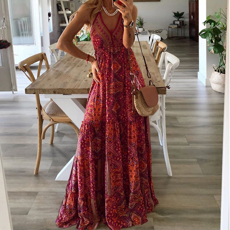Women's Boho Spaghetti Strap V-Neck Maxi Dress