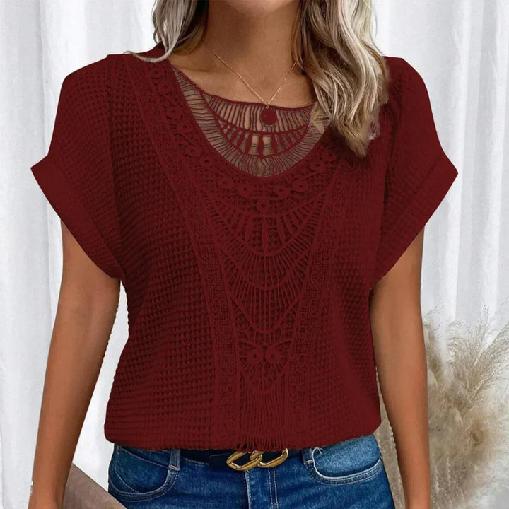 Women's Top with Round Neck and Lace Trim