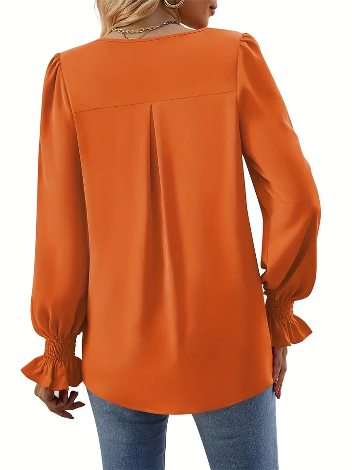 Women's V-Neck Blouse Long Sleeve Smocked Cuff Top