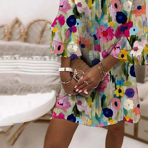 Women's Romantic Floral Print V-Neck Mini Dress