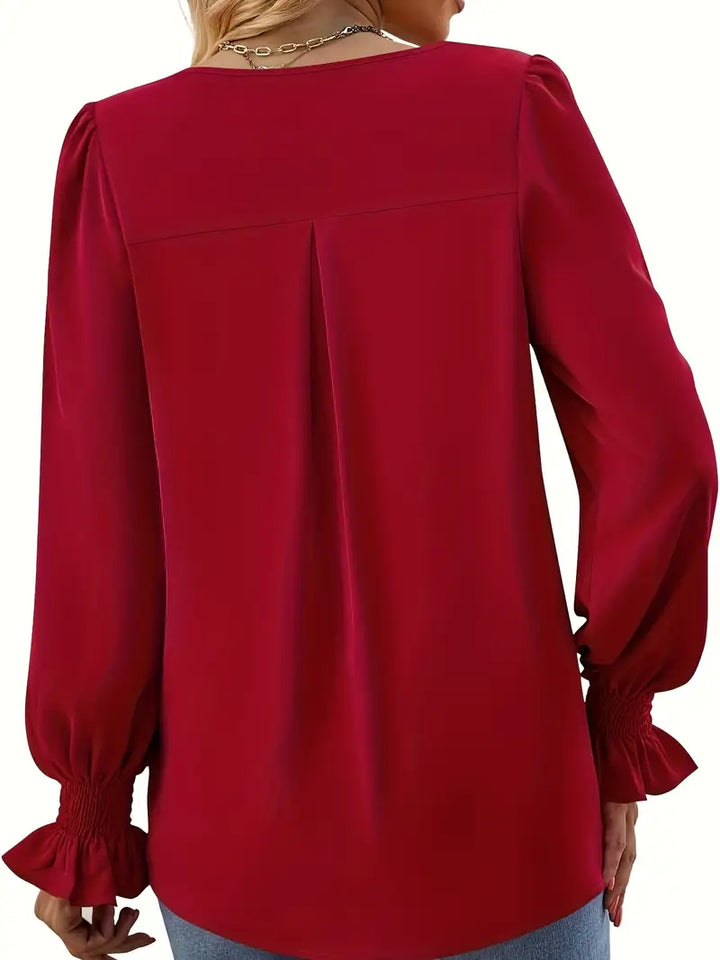 Women's V-Neck Blouse Long Sleeve Smocked Cuff Top