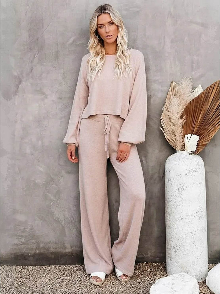 Women's Casual Two-Piece Set Cropped Jumper & Wide Leg Trousers