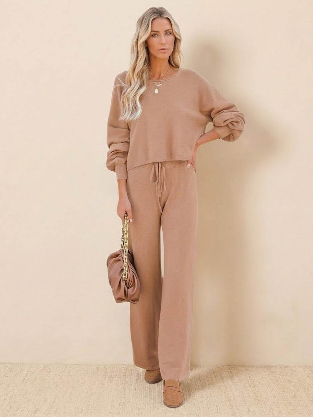 Women's Casual Two-Piece Set Cropped Jumper & Wide Leg Trousers