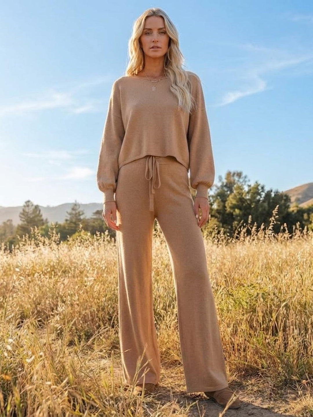 Women's Casual Two-Piece Set Cropped Jumper & Wide Leg Trousers