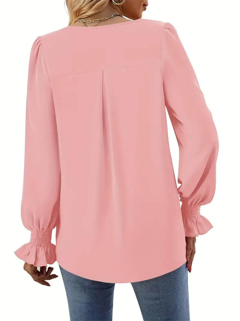 Women's V-Neck Blouse Long Sleeve Smocked Cuff Top