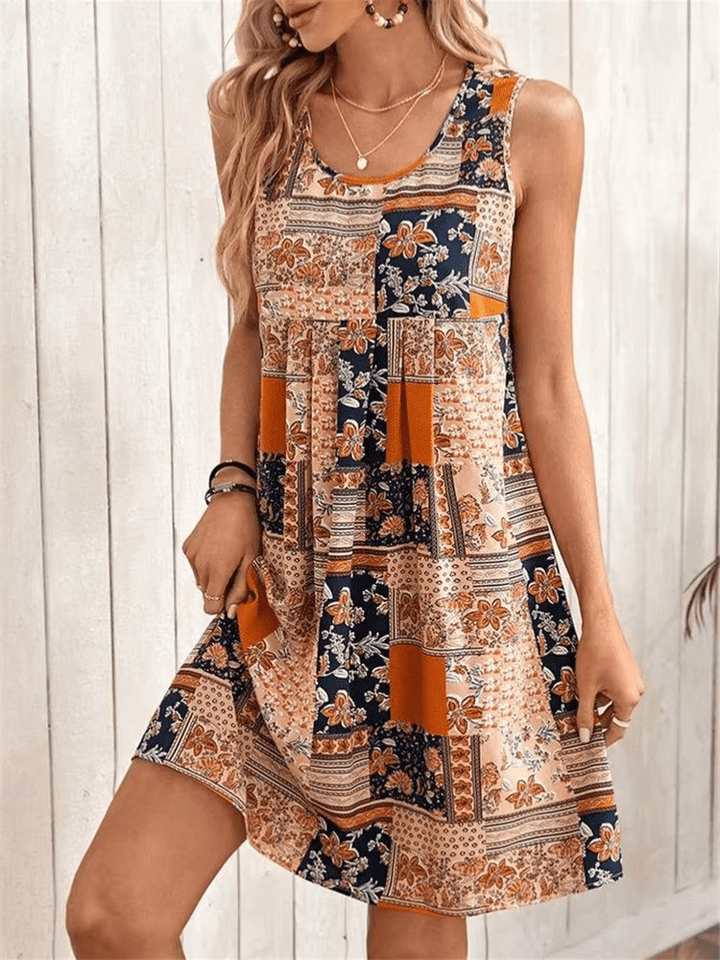 Women's Boho Patchwork Print Sleeveless Mini Dress