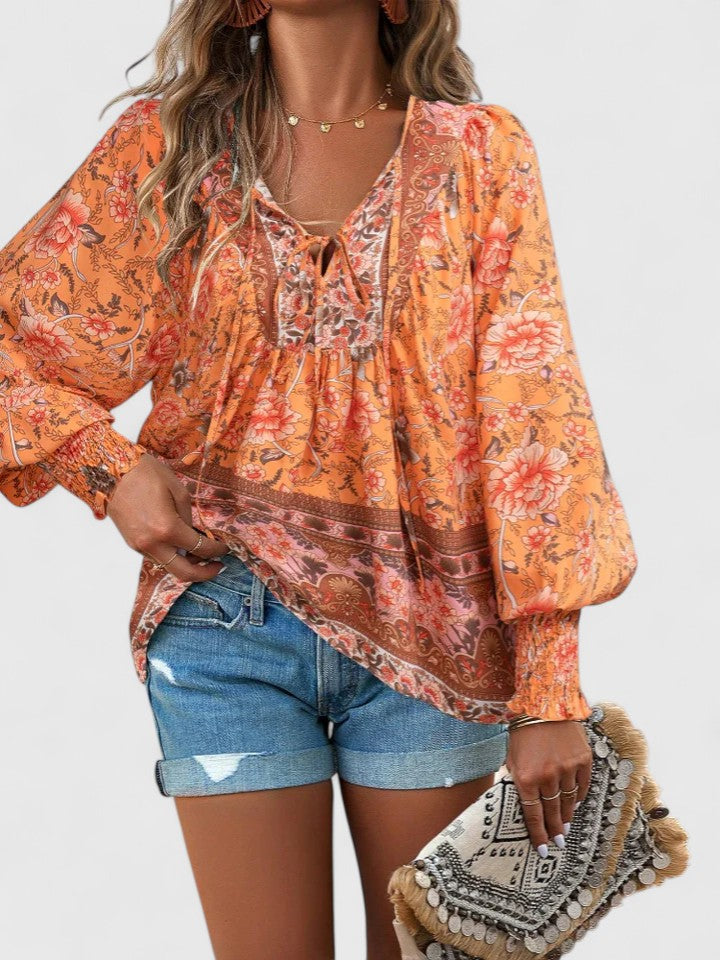 Women's Boho V-Neck Lace-Up Blouse Long Sleeve Print