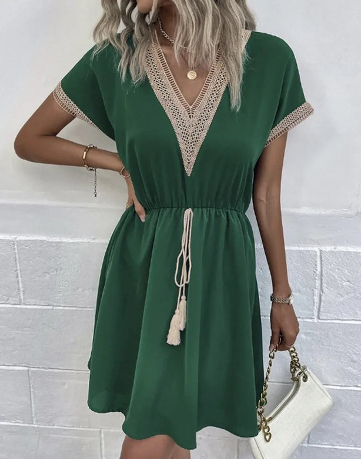 Women's V Neck Boho Flowy Draped Dress Casual