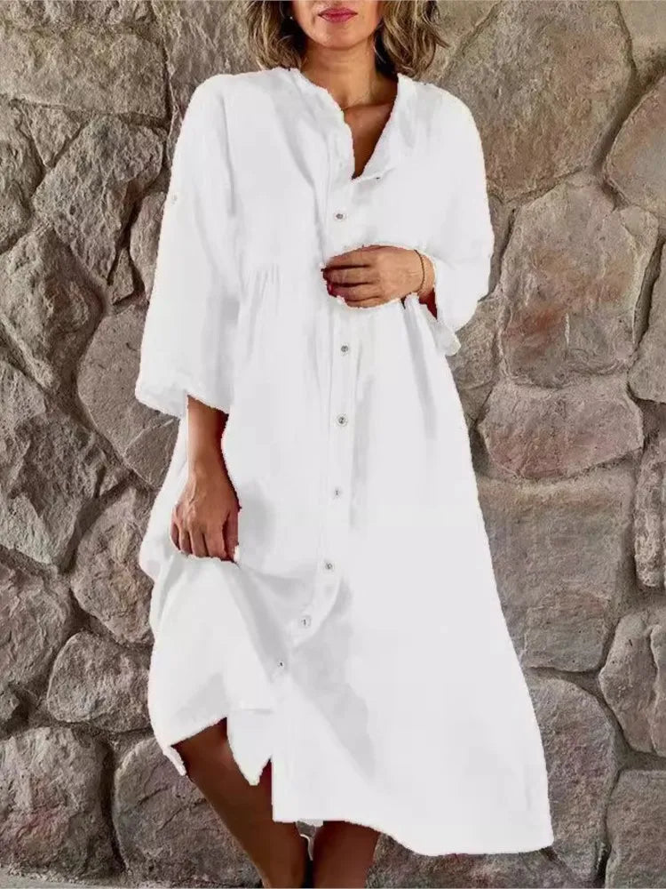 Women's Shirt Dress Long Sleeve Button Down Midi