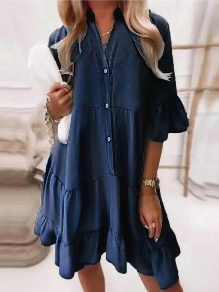 Women's Casual Tiered Ruffle Mini Dress Button-Down