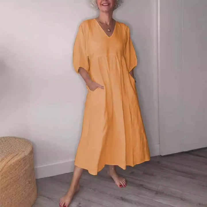 Women's V Neck Tummy Control Draped Midi Dress with Pockets Casual