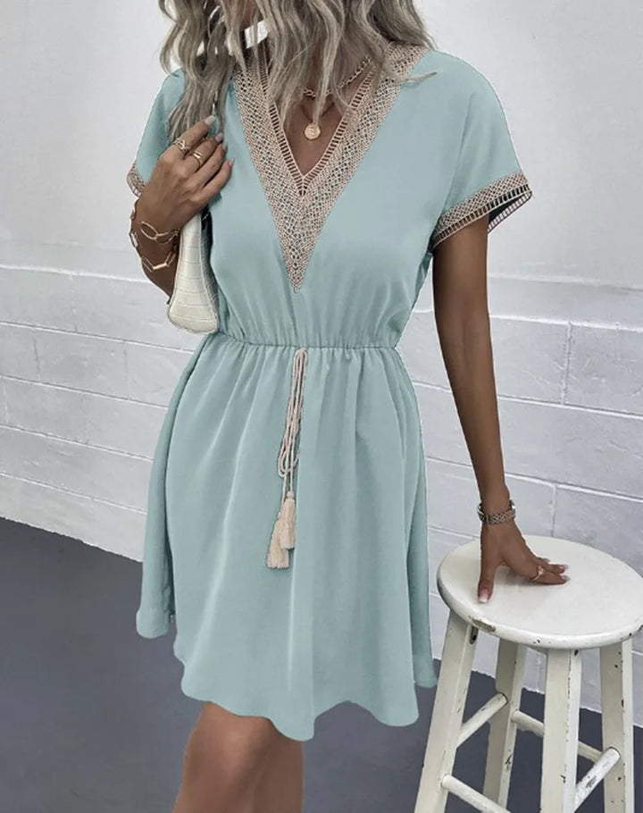 Women's V Neck Boho Flowy Draped Dress Casual