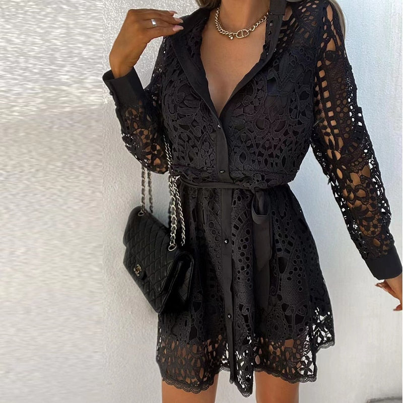 Women's Lace Mini Dress Long Sleeve V-Neck Belted