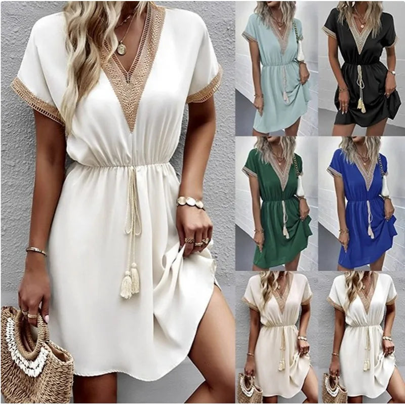 Women's V Neck Boho Flowy Draped Dress Casual