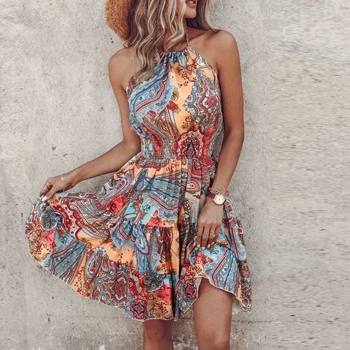 Women's Backless Irregular Printed Mini Dress