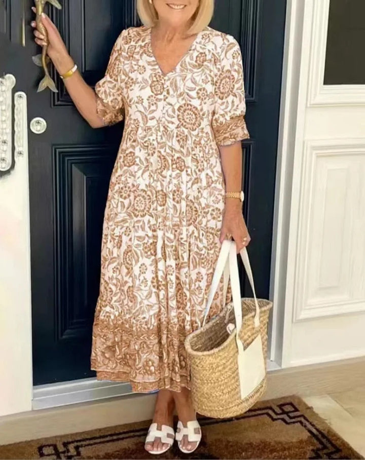 Women's Elegant Floral Dress with V-Neck