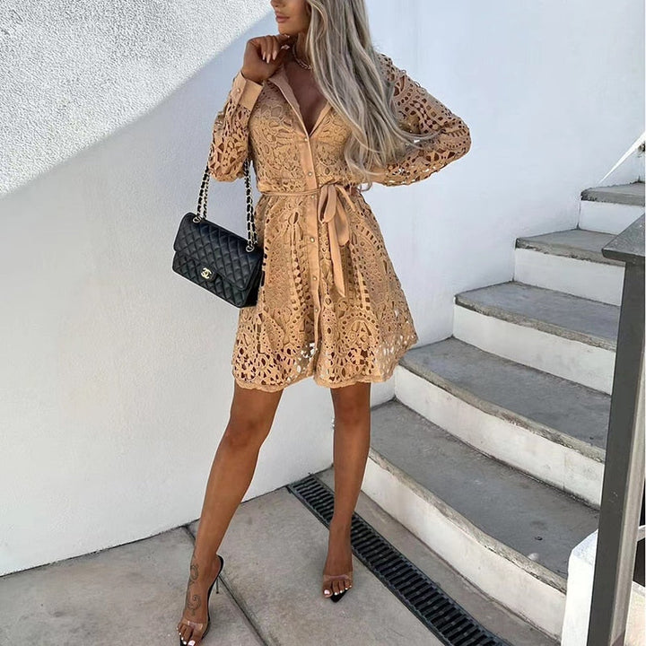 Women's Lace Mini Dress Long Sleeve V-Neck Belted