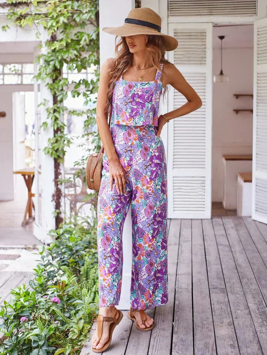 Women's Floral Wide Leg Jumpsuit Sleeveless Backless