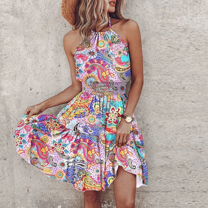 Women’s Colorful Bohemian V-Neck Midi Dress