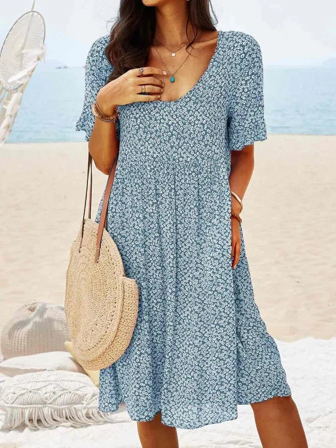 Women's Floral Midi Dress Short Sleeve V-Neck Pockets Casual