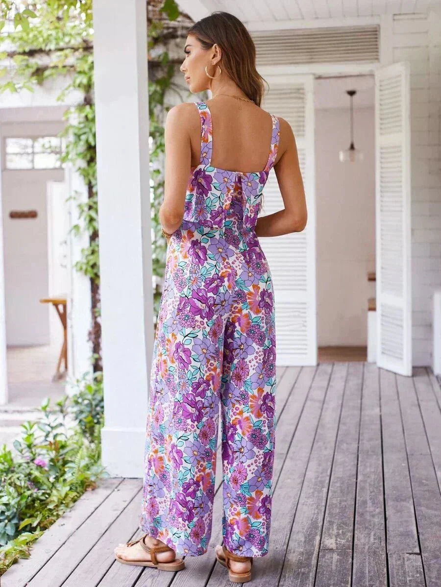 Women's Floral Wide Leg Jumpsuit Sleeveless Backless