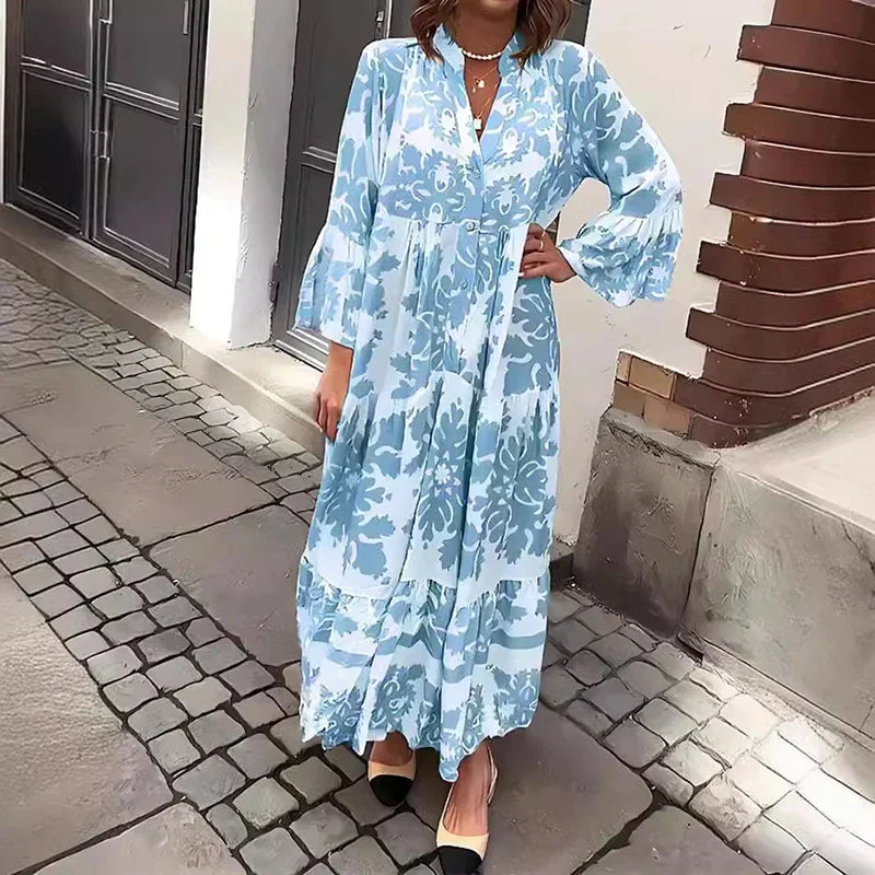 Women's Boho Flowy Printed Draped Maxi Dress Casual