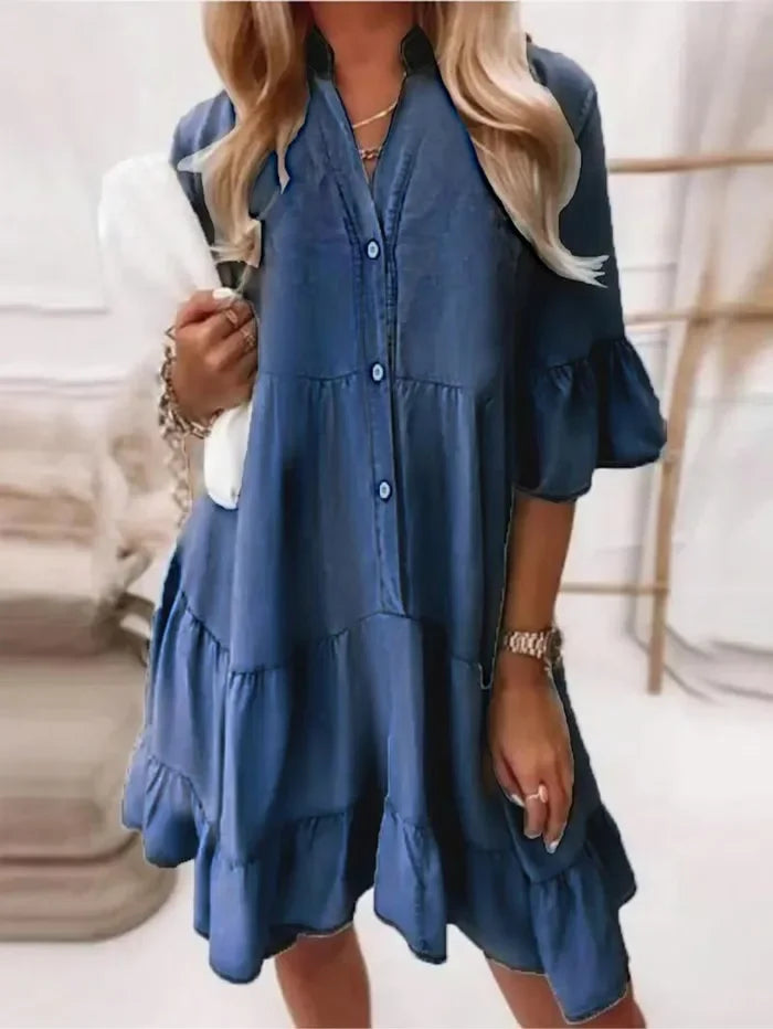 Women's Casual Tiered Ruffle Mini Dress Button-Down