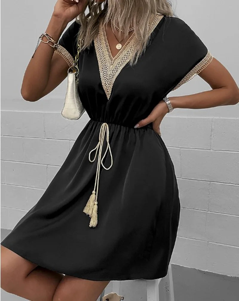 Women's V Neck Boho Flowy Draped Dress Casual