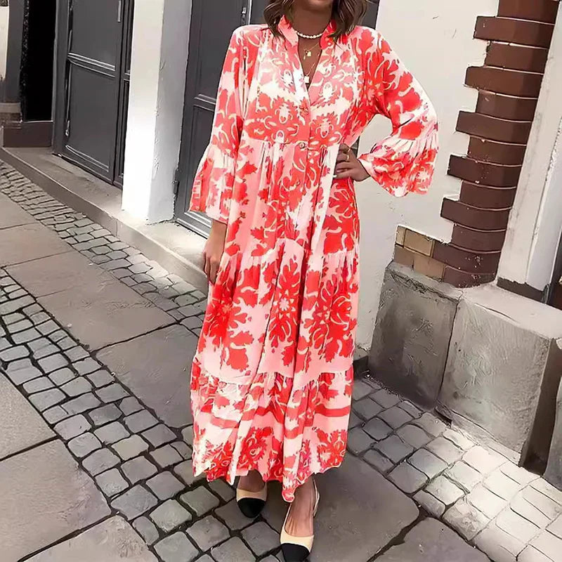 Women's Boho Flowy Printed Draped Maxi Dress Casual