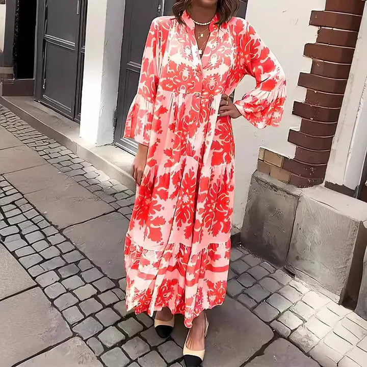 Women's Boho Flowy Printed Draped Maxi Dress Casual