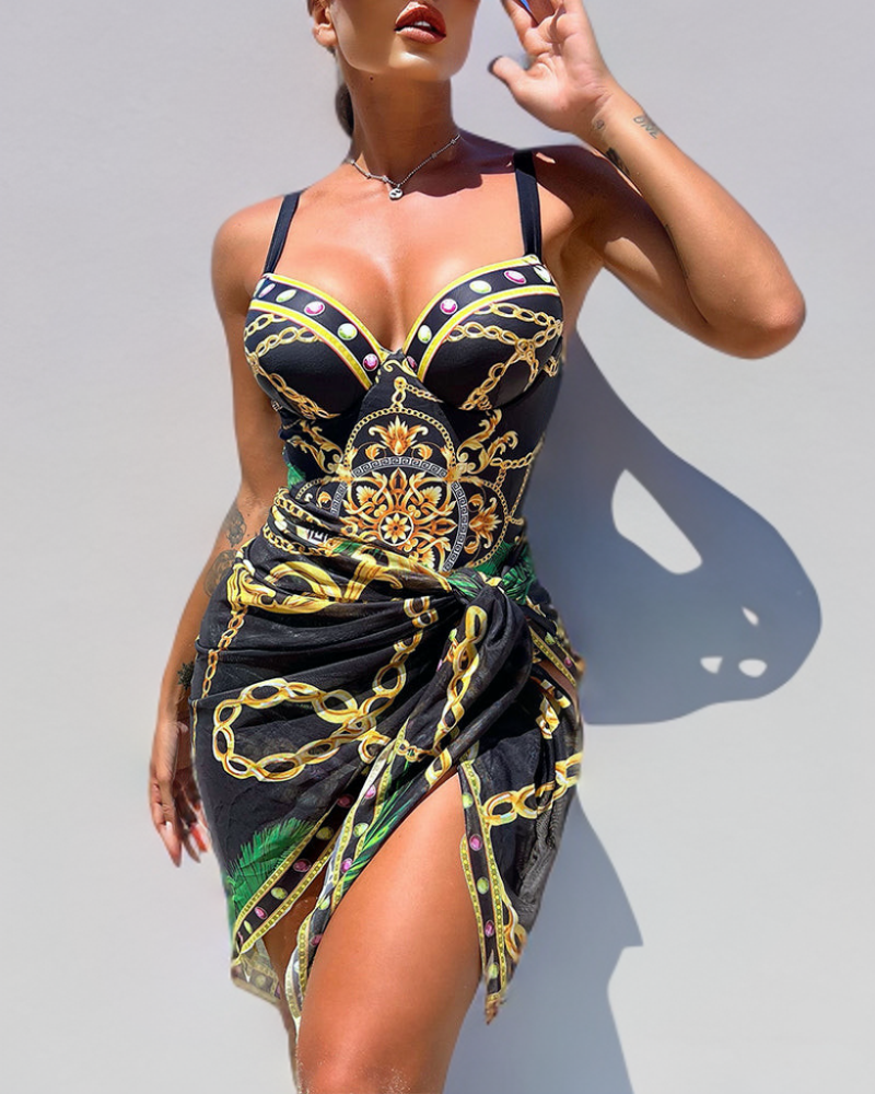 Women's One-Piece Swimsuit with Push-Up Effect and Matching Beach Skirt