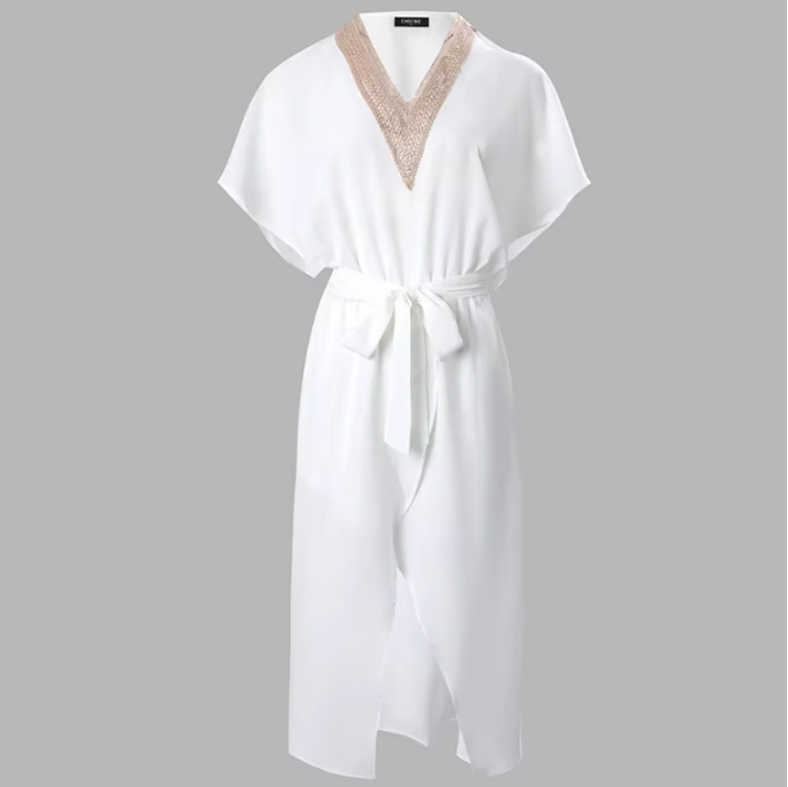 Women's White Midi Dress V-Neck Gold Trim Short Sleeve