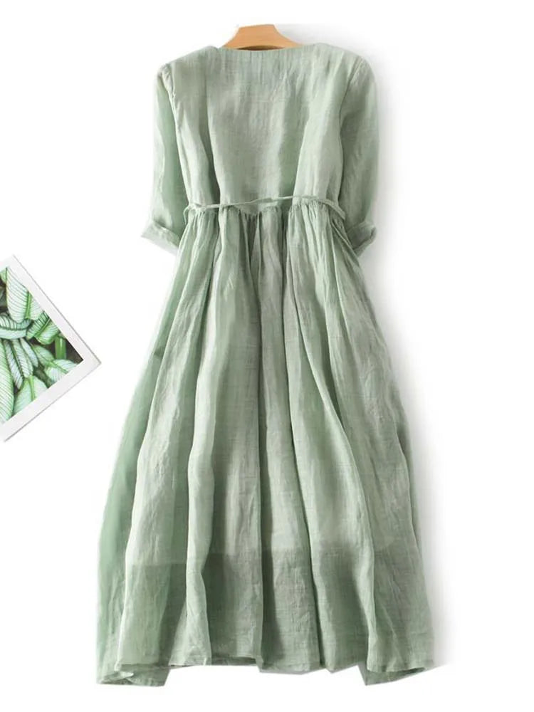 Women's Art Retro Round Neck Lace Up Waist Dress