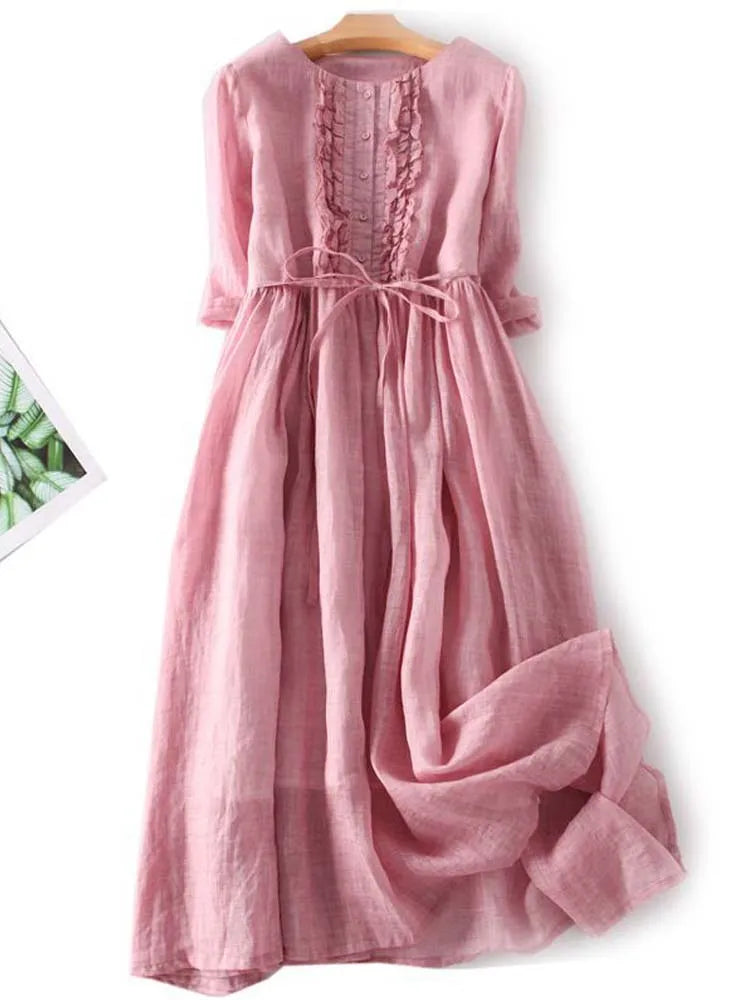 Women's Art Retro Round Neck Lace Up Waist Dress