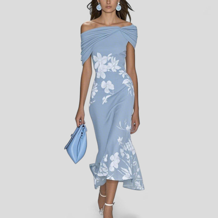 Women's  Off-Shoulder Floral Midi Dress Ruffle Hem