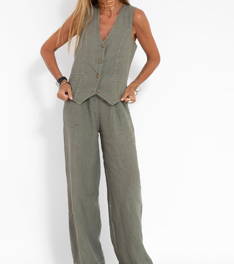 Women's Buttoned Vest & Wide-Leg Trousers Set