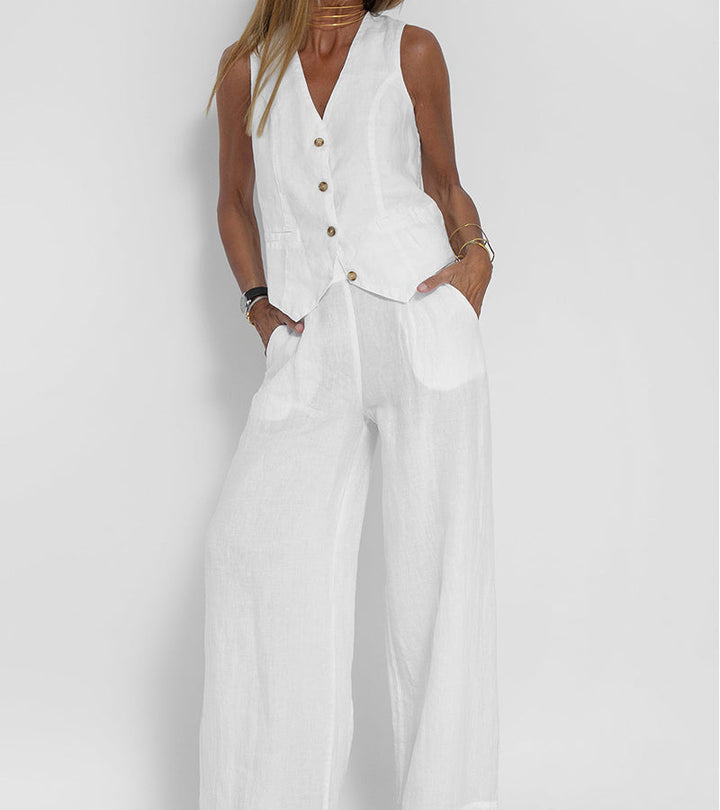 Women's Buttoned Vest & Wide-Leg Trousers Set