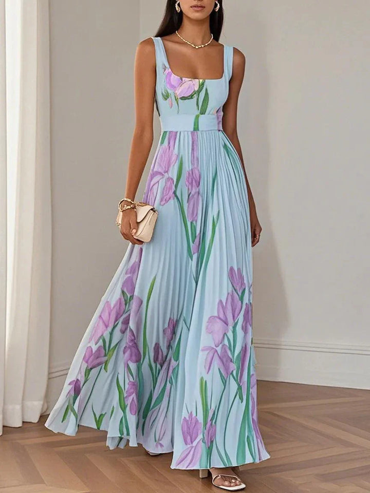 Women's White Pleated Floral Maxi Dress