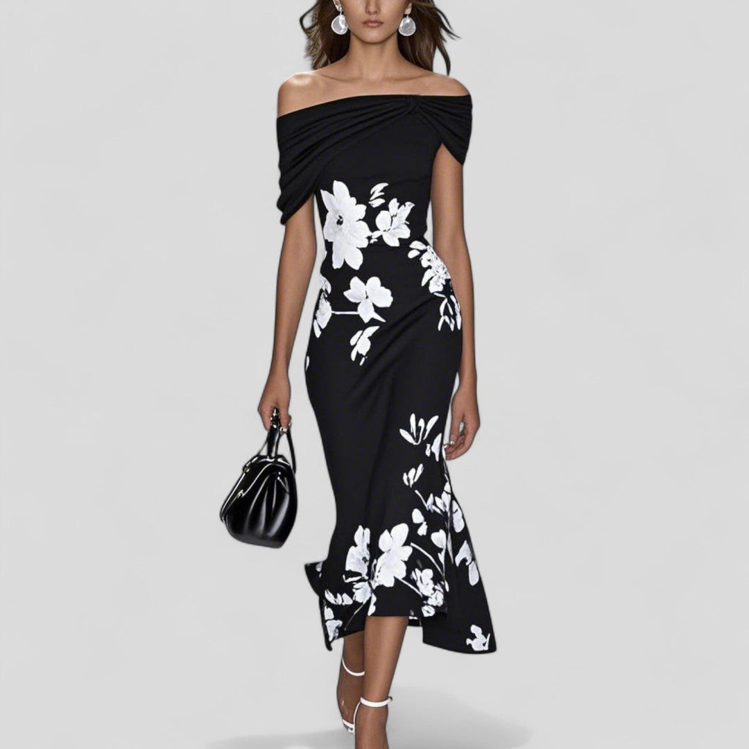 Women's  Off-Shoulder Floral Midi Dress Ruffle Hem